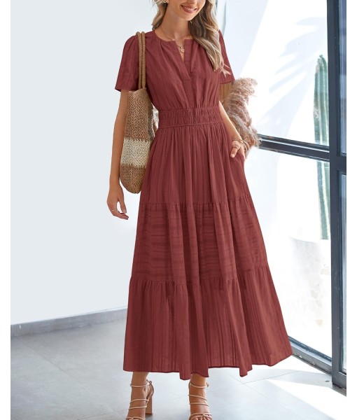 BTFBM Womens Summer 2025 Casual Midi Maxi Dresses Lightweight Short Sleeve V Neck Elastic Waist Boho Beach Dress Pockets