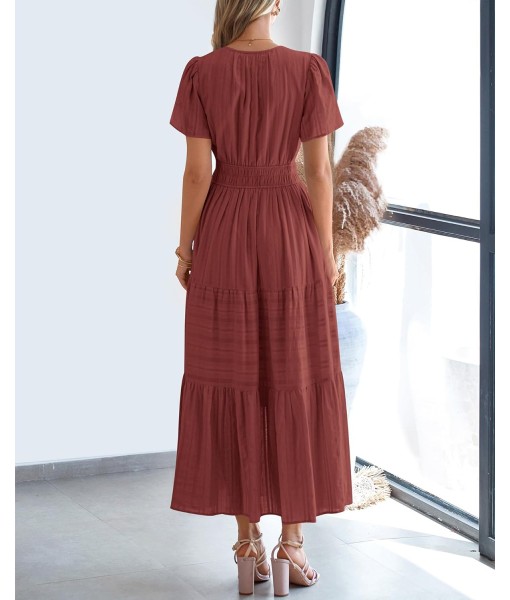 BTFBM Womens Summer 2025 Casual Midi Maxi Dresses Lightweight Short Sleeve V Neck Elastic Waist Boho Beach Dress Pockets
