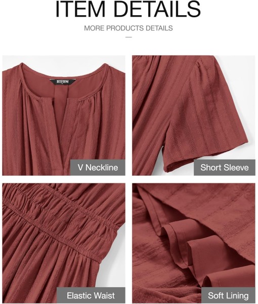 BTFBM Womens Summer 2025 Casual Midi Maxi Dresses Lightweight Short Sleeve V Neck Elastic Waist Boho Beach Dress Pockets