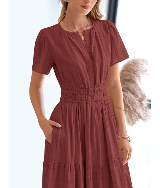 BTFBM Womens Summer 2025 Casual Midi Maxi Dresses Lightweight Short Sleeve V Neck Elastic Waist Boho Beach Dress Pockets