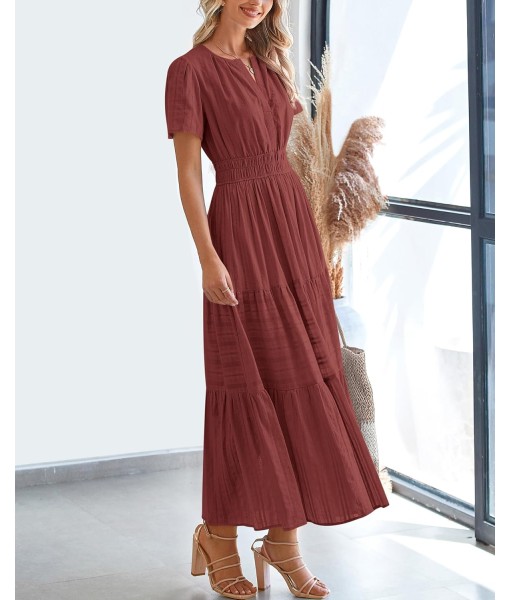 BTFBM Womens Summer 2025 Casual Midi Maxi Dresses Lightweight Short Sleeve V Neck Elastic Waist Boho Beach Dress Pockets
