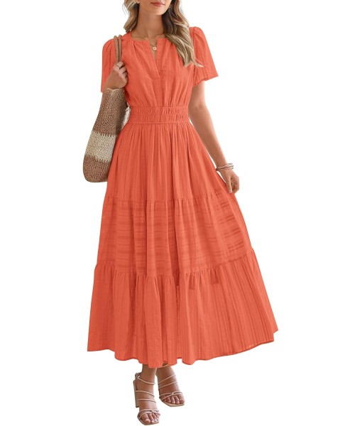 BTFBM Womens Summer 2025 Casual Midi Maxi Dresses Lightweight Short Sleeve V Neck Elastic Waist Boho Beach Dress Pockets