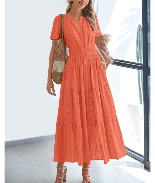 BTFBM Womens Summer 2025 Casual Midi Maxi Dresses Lightweight Short Sleeve V Neck Elastic Waist Boho Beach Dress Pockets