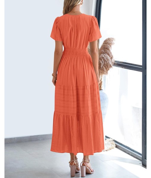BTFBM Womens Summer 2025 Casual Midi Maxi Dresses Lightweight Short Sleeve V Neck Elastic Waist Boho Beach Dress Pockets