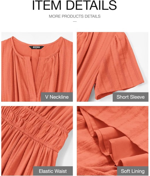 BTFBM Womens Summer 2025 Casual Midi Maxi Dresses Lightweight Short Sleeve V Neck Elastic Waist Boho Beach Dress Pockets