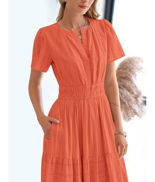 BTFBM Womens Summer 2025 Casual Midi Maxi Dresses Lightweight Short Sleeve V Neck Elastic Waist Boho Beach Dress Pockets