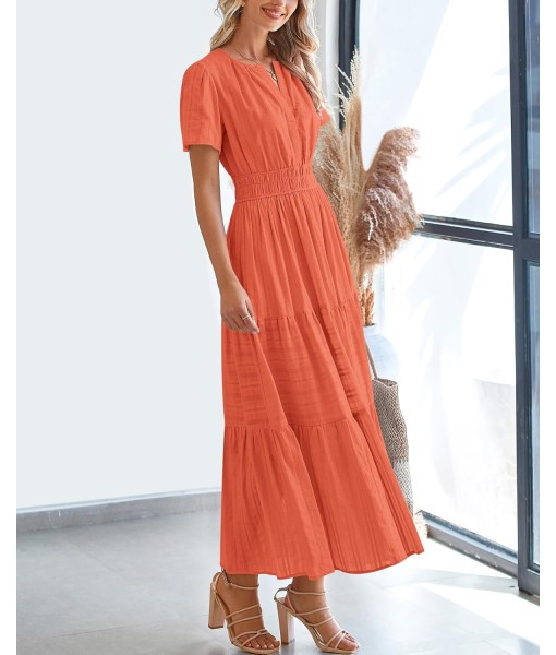 BTFBM Womens Summer 2025 Casual Midi Maxi Dresses Lightweight Short Sleeve V Neck Elastic Waist Boho Beach Dress Pockets