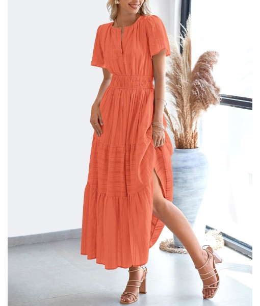 BTFBM Womens Summer 2025 Casual Midi Maxi Dresses Lightweight Short Sleeve V Neck Elastic Waist Boho Beach Dress Pockets