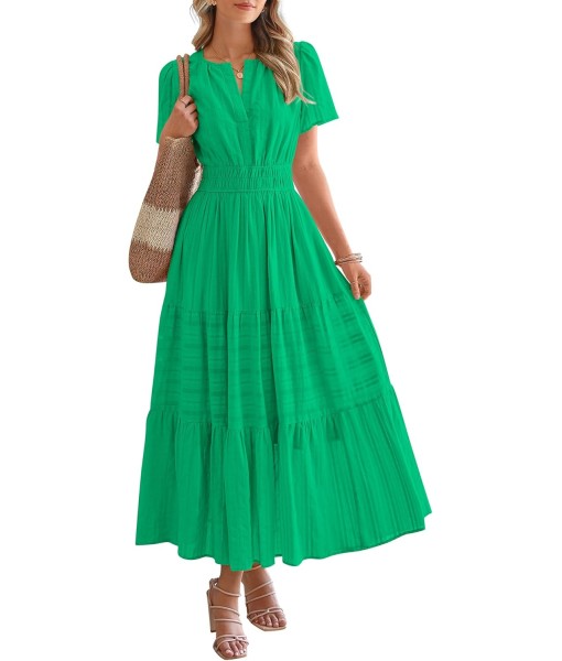 BTFBM Womens Summer 2025 Casual Midi Maxi Dresses Lightweight Short Sleeve V Neck Elastic Waist Boho Beach Dress Pockets
