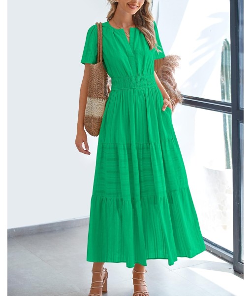BTFBM Womens Summer 2025 Casual Midi Maxi Dresses Lightweight Short Sleeve V Neck Elastic Waist Boho Beach Dress Pockets