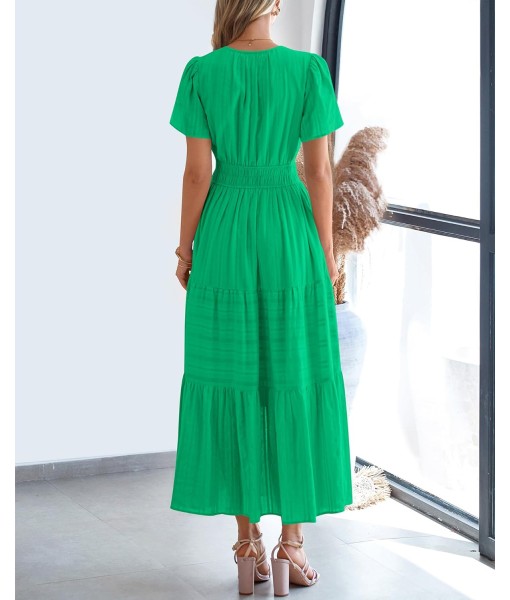 BTFBM Womens Summer 2025 Casual Midi Maxi Dresses Lightweight Short Sleeve V Neck Elastic Waist Boho Beach Dress Pockets