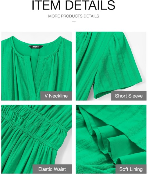 BTFBM Womens Summer 2025 Casual Midi Maxi Dresses Lightweight Short Sleeve V Neck Elastic Waist Boho Beach Dress Pockets