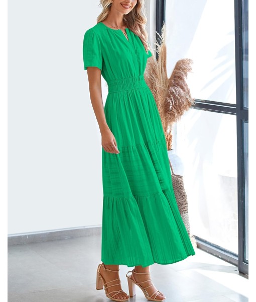 BTFBM Womens Summer 2025 Casual Midi Maxi Dresses Lightweight Short Sleeve V Neck Elastic Waist Boho Beach Dress Pockets