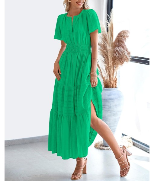 BTFBM Womens Summer 2025 Casual Midi Maxi Dresses Lightweight Short Sleeve V Neck Elastic Waist Boho Beach Dress Pockets