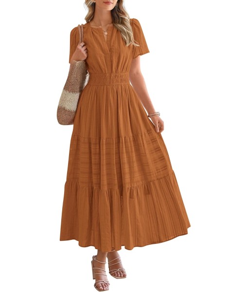 BTFBM Womens Summer 2025 Casual Midi Maxi Dresses Lightweight Short Sleeve V Neck Elastic Waist Boho Beach Dress Pockets