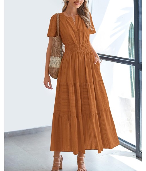 BTFBM Womens Summer 2025 Casual Midi Maxi Dresses Lightweight Short Sleeve V Neck Elastic Waist Boho Beach Dress Pockets