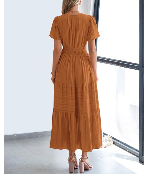 BTFBM Womens Summer 2025 Casual Midi Maxi Dresses Lightweight Short Sleeve V Neck Elastic Waist Boho Beach Dress Pockets