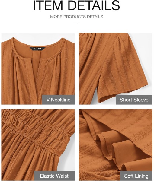 BTFBM Womens Summer 2025 Casual Midi Maxi Dresses Lightweight Short Sleeve V Neck Elastic Waist Boho Beach Dress Pockets