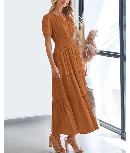 BTFBM Womens Summer 2025 Casual Midi Maxi Dresses Lightweight Short Sleeve V Neck Elastic Waist Boho Beach Dress Pockets