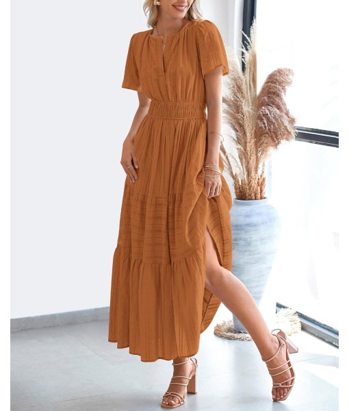 BTFBM Womens Summer 2025 Casual Midi Maxi Dresses Lightweight Short Sleeve V Neck Elastic Waist Boho Beach Dress Pockets