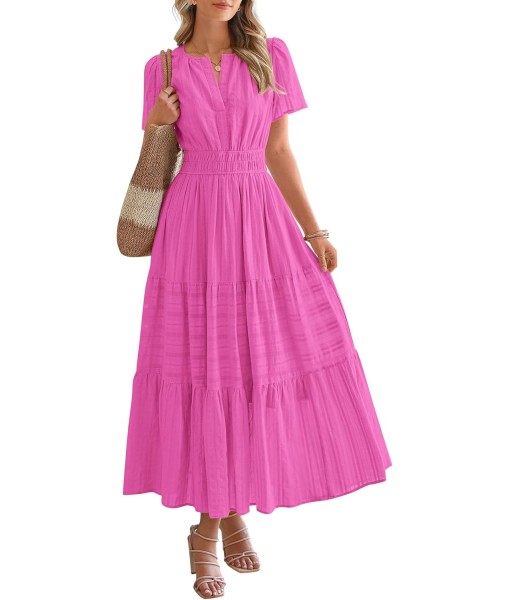 BTFBM Womens Summer 2025 Casual Midi Maxi Dresses Lightweight Short Sleeve V Neck Elastic Waist Boho Beach Dress Pockets