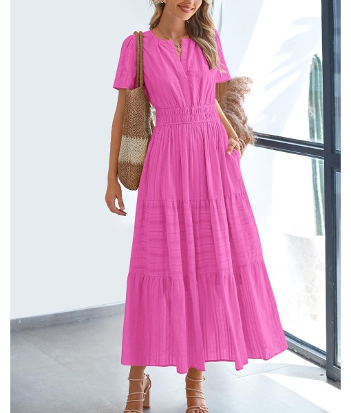 BTFBM Womens Summer 2025 Casual Midi Maxi Dresses Lightweight Short Sleeve V Neck Elastic Waist Boho Beach Dress Pockets