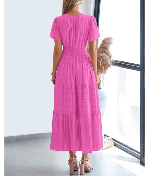 BTFBM Womens Summer 2025 Casual Midi Maxi Dresses Lightweight Short Sleeve V Neck Elastic Waist Boho Beach Dress Pockets