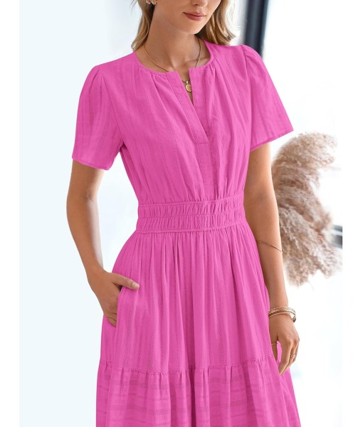BTFBM Womens Summer 2025 Casual Midi Maxi Dresses Lightweight Short Sleeve V Neck Elastic Waist Boho Beach Dress Pockets