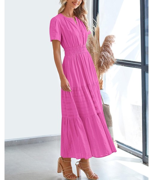 BTFBM Womens Summer 2025 Casual Midi Maxi Dresses Lightweight Short Sleeve V Neck Elastic Waist Boho Beach Dress Pockets