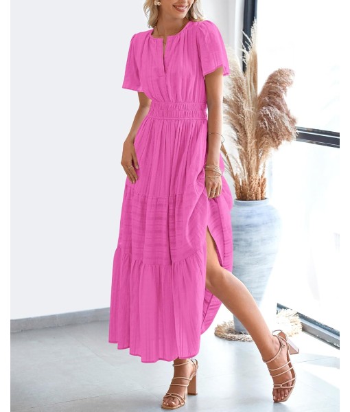BTFBM Womens Summer 2025 Casual Midi Maxi Dresses Lightweight Short Sleeve V Neck Elastic Waist Boho Beach Dress Pockets