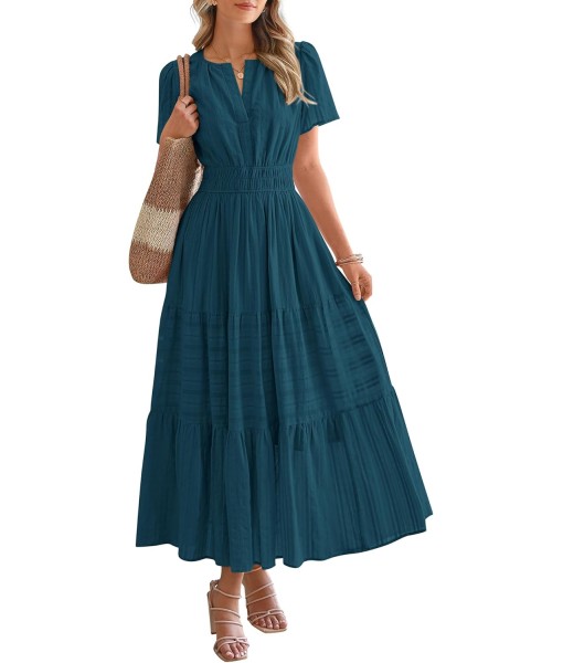 BTFBM Womens Summer 2025 Casual Midi Maxi Dresses Lightweight Short Sleeve V Neck Elastic Waist Boho Beach Dress Pockets
