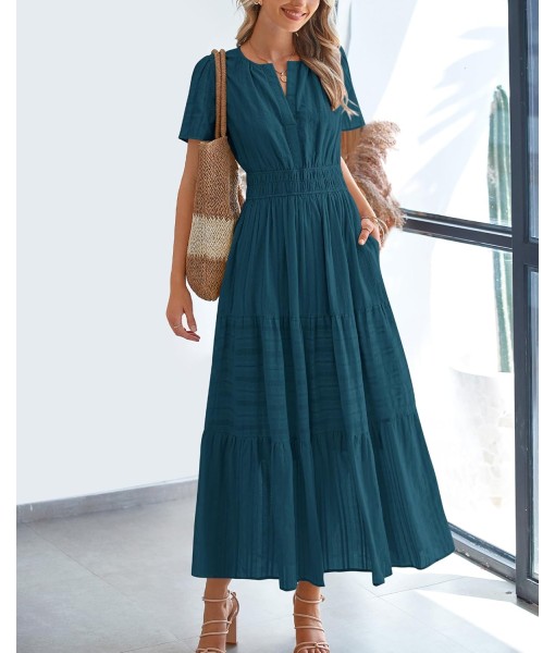 BTFBM Womens Summer 2025 Casual Midi Maxi Dresses Lightweight Short Sleeve V Neck Elastic Waist Boho Beach Dress Pockets