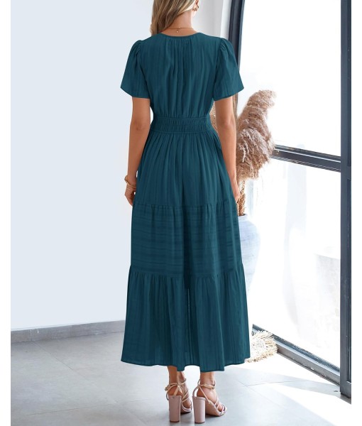 BTFBM Womens Summer 2025 Casual Midi Maxi Dresses Lightweight Short Sleeve V Neck Elastic Waist Boho Beach Dress Pockets