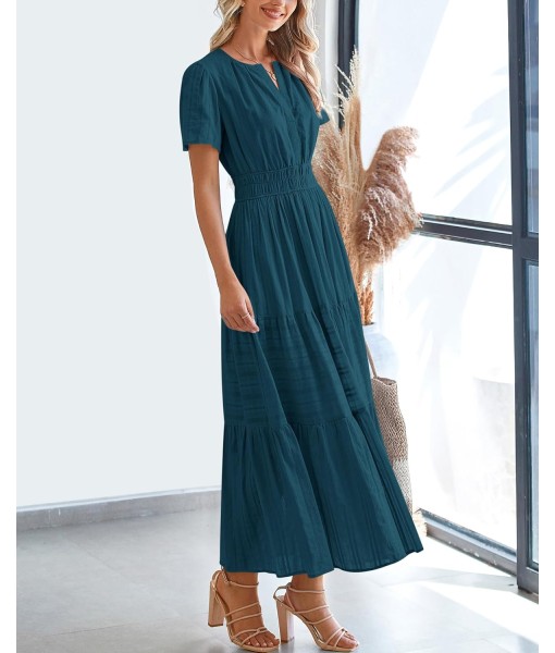 BTFBM Womens Summer 2025 Casual Midi Maxi Dresses Lightweight Short Sleeve V Neck Elastic Waist Boho Beach Dress Pockets
