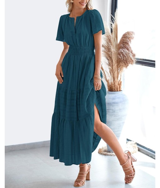 BTFBM Womens Summer 2025 Casual Midi Maxi Dresses Lightweight Short Sleeve V Neck Elastic Waist Boho Beach Dress Pockets