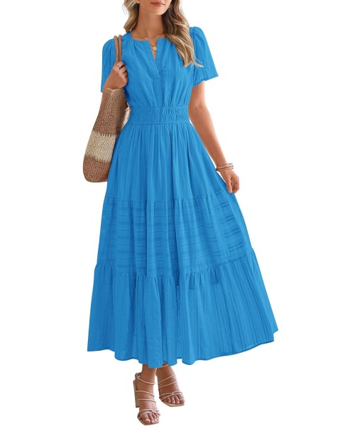 BTFBM Womens Summer 2025 Casual Midi Maxi Dresses Lightweight Short Sleeve V Neck Elastic Waist Boho Beach Dress Pockets