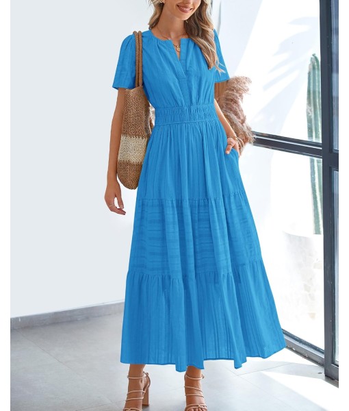BTFBM Womens Summer 2025 Casual Midi Maxi Dresses Lightweight Short Sleeve V Neck Elastic Waist Boho Beach Dress Pockets