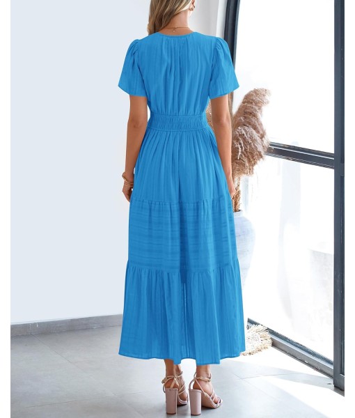 BTFBM Womens Summer 2025 Casual Midi Maxi Dresses Lightweight Short Sleeve V Neck Elastic Waist Boho Beach Dress Pockets