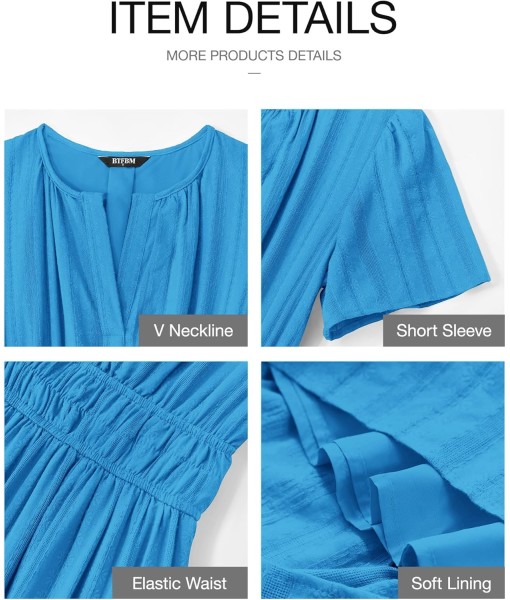 BTFBM Womens Summer 2025 Casual Midi Maxi Dresses Lightweight Short Sleeve V Neck Elastic Waist Boho Beach Dress Pockets