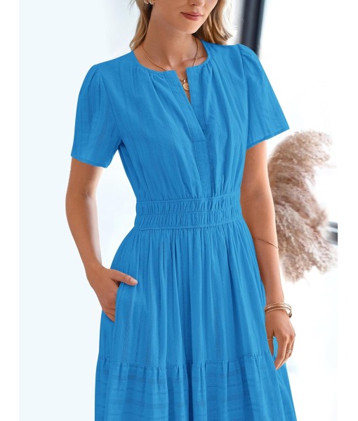 BTFBM Womens Summer 2025 Casual Midi Maxi Dresses Lightweight Short Sleeve V Neck Elastic Waist Boho Beach Dress Pockets