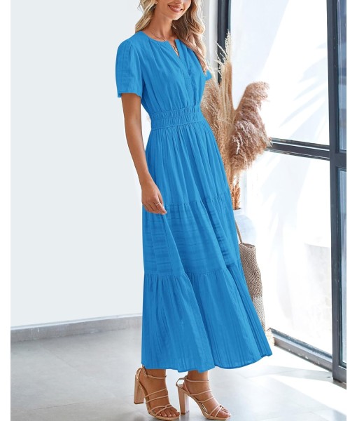 BTFBM Womens Summer 2025 Casual Midi Maxi Dresses Lightweight Short Sleeve V Neck Elastic Waist Boho Beach Dress Pockets