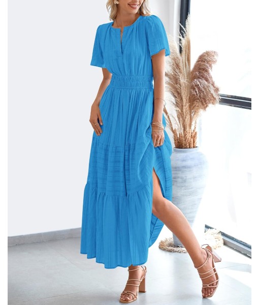 BTFBM Womens Summer 2025 Casual Midi Maxi Dresses Lightweight Short Sleeve V Neck Elastic Waist Boho Beach Dress Pockets