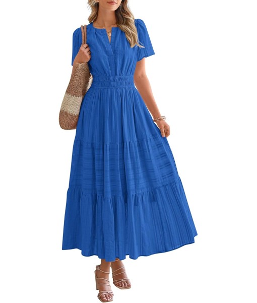 BTFBM Womens Summer 2025 Casual Midi Maxi Dresses Lightweight Short Sleeve V Neck Elastic Waist Boho Beach Dress Pockets
