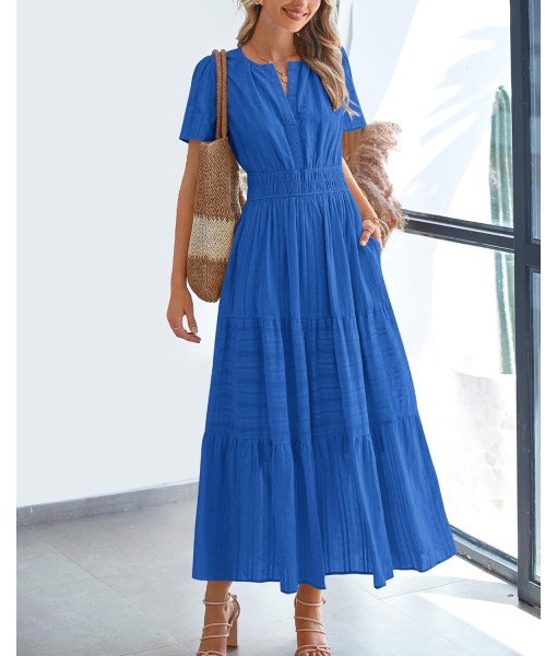 BTFBM Womens Summer 2025 Casual Midi Maxi Dresses Lightweight Short Sleeve V Neck Elastic Waist Boho Beach Dress Pockets