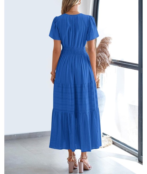 BTFBM Womens Summer 2025 Casual Midi Maxi Dresses Lightweight Short Sleeve V Neck Elastic Waist Boho Beach Dress Pockets