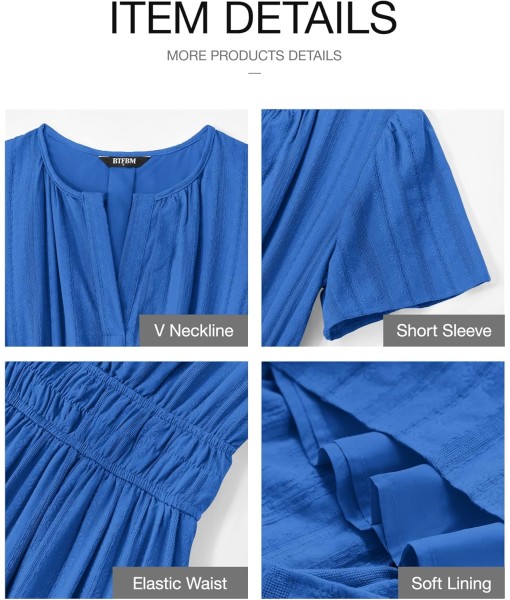 BTFBM Womens Summer 2025 Casual Midi Maxi Dresses Lightweight Short Sleeve V Neck Elastic Waist Boho Beach Dress Pockets