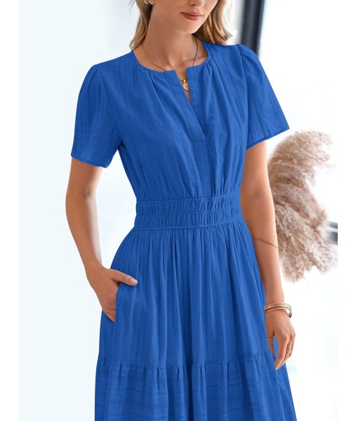 BTFBM Womens Summer 2025 Casual Midi Maxi Dresses Lightweight Short Sleeve V Neck Elastic Waist Boho Beach Dress Pockets