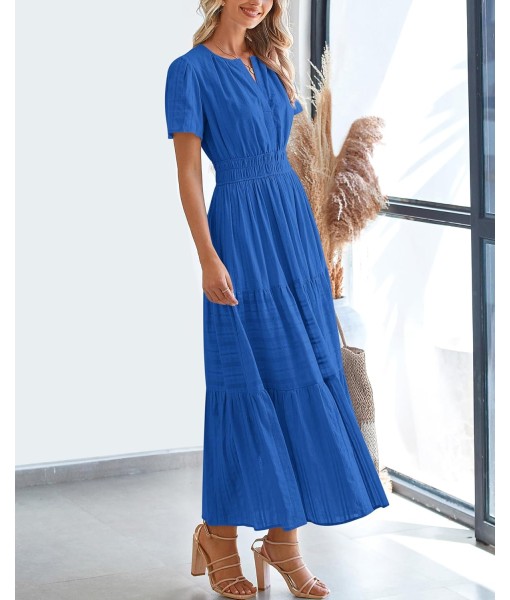 BTFBM Womens Summer 2025 Casual Midi Maxi Dresses Lightweight Short Sleeve V Neck Elastic Waist Boho Beach Dress Pockets