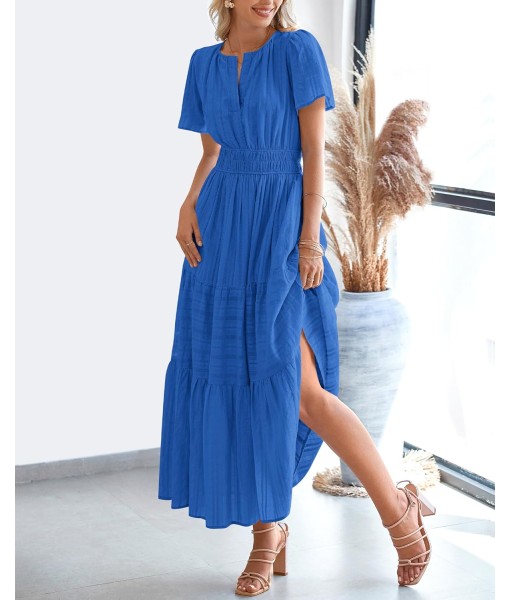 BTFBM Womens Summer 2025 Casual Midi Maxi Dresses Lightweight Short Sleeve V Neck Elastic Waist Boho Beach Dress Pockets