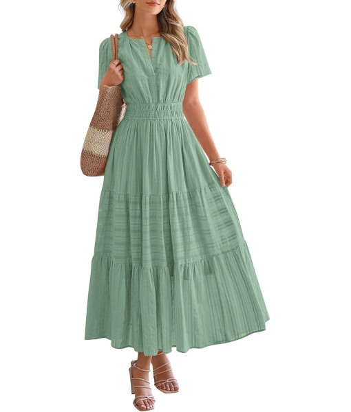 BTFBM Womens Summer 2025 Casual Midi Maxi Dresses Lightweight Short Sleeve V Neck Elastic Waist Boho Beach Dress Pockets